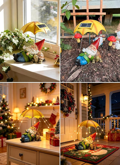 Brightown Solar Garden Decor Gnome Statue Light with 32 LED Lights, Gnome with Umbrella, Hand-Painted Resin, IP65 Waterproof Outdoor Decor for Patio, Balcony & Yard Decorations, Unique for Mom