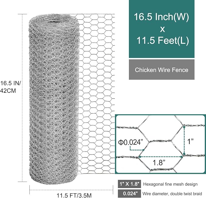 Chicken Wire Fencing, 16.5 x 138 Inch Chicken Wire Mesh Roll for Garden Plants, 1 Inch Mesh Hexagonal Galvanized Metal Poultry Wire Netting for Chicken Coop Rabbit Dogs Barrier