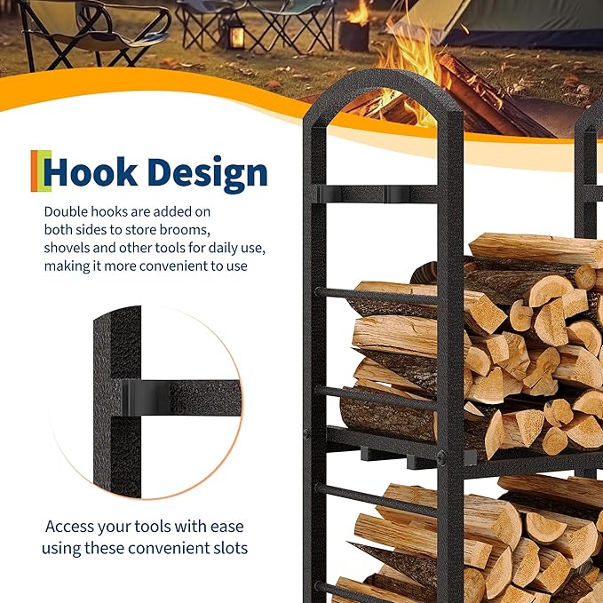 GarveeLife 30 Inch Firewood Rack Outdoor Indoor, High Outdoor Wood Racks for Firewood, Fire Wood Storage with Kindling Hooks, Large Metal Fireplace Log Rack Storage Carrier Organizer, Copper
