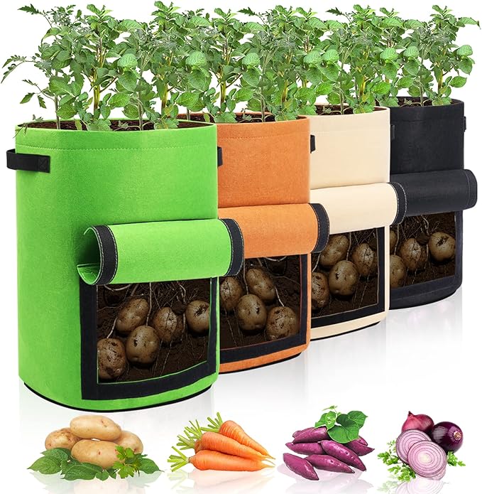 Homyhoo 4 Pack Potato Growing Bag with Flap 10 Gallon Planter Pots with Handles and Harvest Window for Potato Tomato and Vegetables, Black Green Orange and Beige