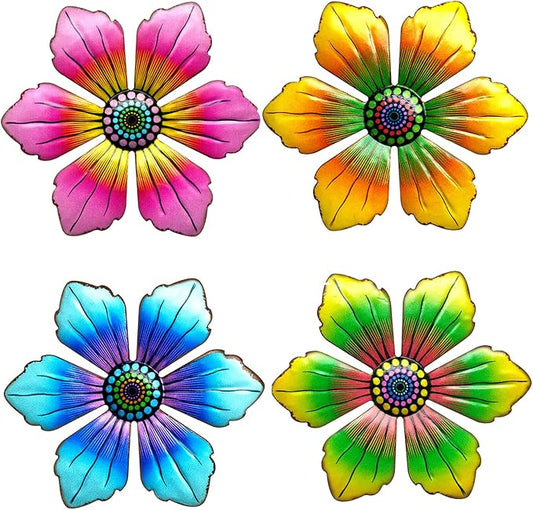 LITIALLY 4PCS Metal Flowers Outdoor Decor, 6 Inch Garden Wall Art Decorative, Metal Flower Outdoor Wall Sculptures Hanging Indoor Outdoor Home, Garden