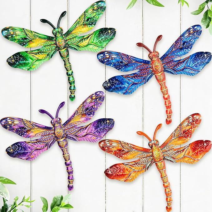 SUNREEK Metal Dragonfly Wall Decor - 9.6" Outdoor Fence Wall Art, Hanging Decorations for Garden Yard Patio Room Decorations, 4 Pack (Color-1)
