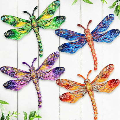 SUNREEK Metal Dragonfly Wall Decor - 9.6" Outdoor Fence Wall Art, Hanging Decorations for Garden Yard Patio Room Decorations, 4 Pack (Color-1)