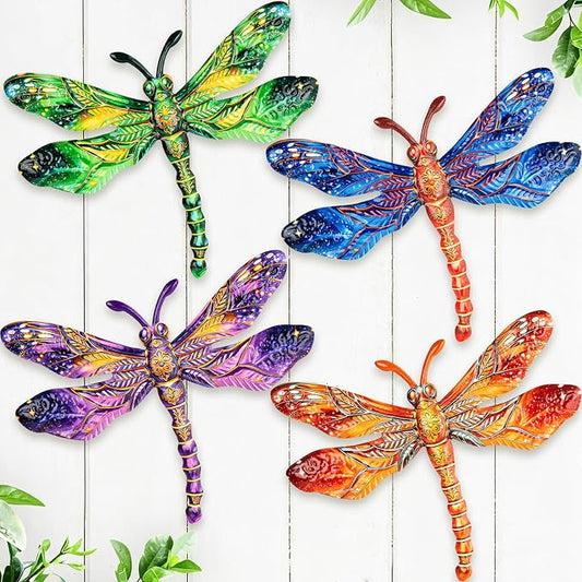 SUNREEK Metal Dragonfly Wall Decor - 9.6" Outdoor Fence Wall Art, Hanging Decorations for Garden Yard Patio Room Decorations, 4 Pack (Color-1)