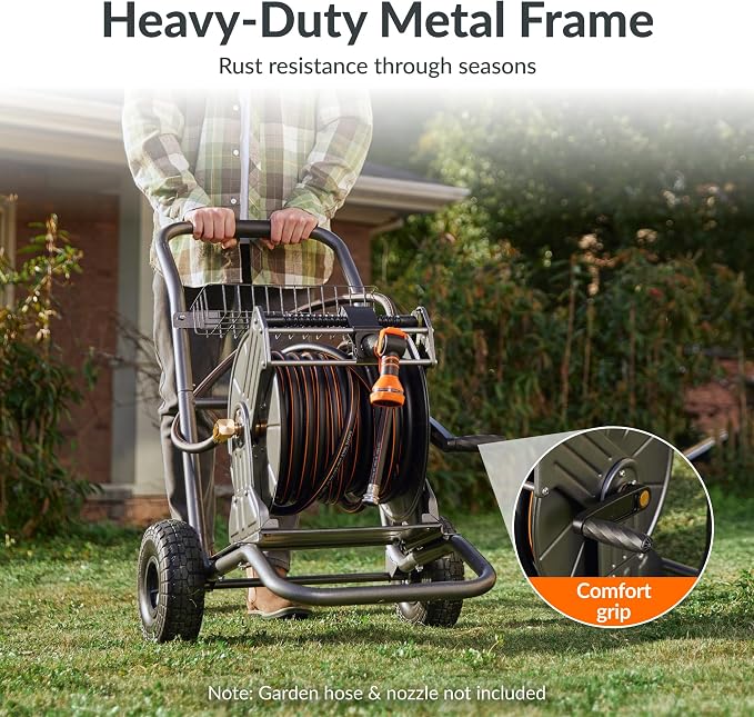 Giraffe Tools Garden Hose Reel Cart with Wheels, Heavy Duty Metal Water Hose Reel Cart, 200 ft of 1/2 Capacity, Mobile Hose Reel Cart for Outside