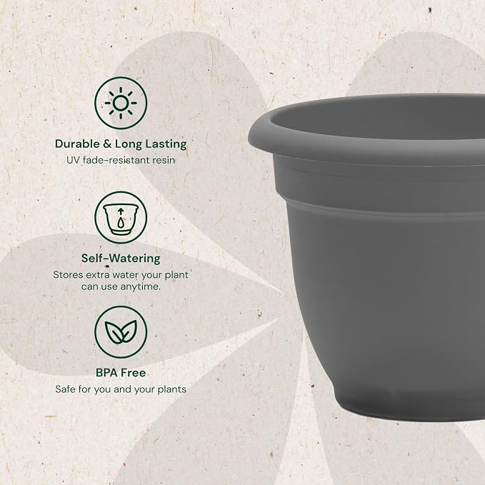 Bloem Ariana 16" Plastic Self-Watering Planter, Charcoal, 2-Pack | Self-watering disk at the bottom of each pot that acts as a water wick and reservoir for optimal plant health