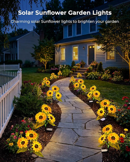 Brightown 3 Pack 3 Head Solar Sunflower Garden Stake Lights Waterproof | 9 glowing stem sunflowers, waterproof solar powered, auto on off decorative stakes for yard, patio, lawn outdoor decoration
