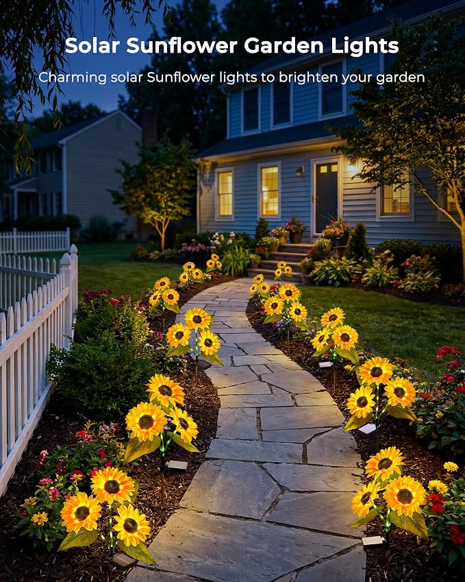 Brightown 6 Pack 3 Head Solar Sunflower Garden Stake Lights Waterproof | 18 glowing stem sunflowers, waterproof solar powered, auto on off decorative stakes for yard, patio, lawn outdoor decoration