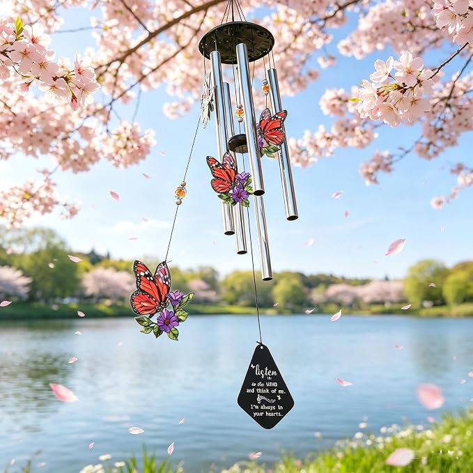 34'' Butterfly Wind Chimes for Outside Memorial Windchime Home Garden Decor | Wind Chimes Outdoor Large,Butterflies Aluminum Tube Windchimes With S hook,Sympathy Gifts for Loss of Loved One,Mom Women