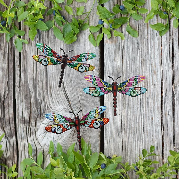 Metal Dragonfly Wall Decor，Outdoor Patio Fenxce Wall Art,Hanging Decorations for Living Room, Bedroom, 3 Pack