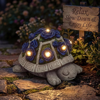 Solar Garden Outdoor Decor Turtle Statue with Dark Blue Roses & 7 LED Lights – Outside Tortoise Decor for Yard Patio Balcony & Backyard - Home House Decoration Art- Gift for Women Mom & Grandma