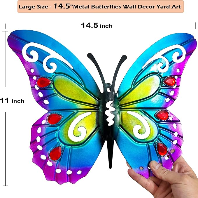 2 Pack Butterfly Decorations, 14.5" Large Metal Butterflies Fence Garden Yard Art Wall Decor for Outdoor Patio Balcony Tree Front Porch, Vibrant Colors Blue Red