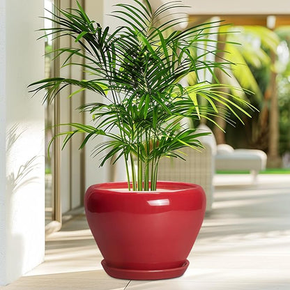 Ceramicfor 10 Inch Plant Pot - Ceramic Planter for Indoor Outdoor Plants, Glaze Modern Round Planter with Drainage Hole and Saucer, Gifts for Plant Lovers, Home Room Garden Decor, Red