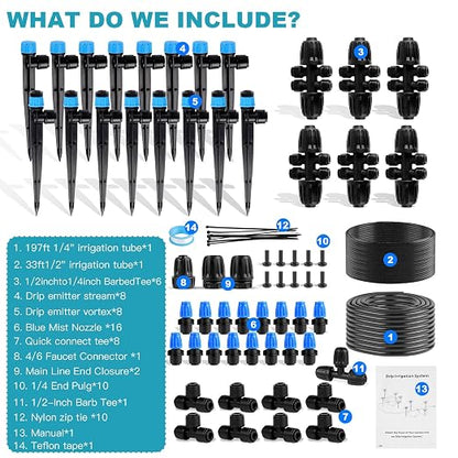 Garden Drip Irrigation System - 230FT Quick-Connect Automatic Watering Misting System Kit with 1/2" & 1/4" Tubing, Adjustable Spray Nozzles & Sprinklers for Lawn, Plant Bed, Greenhouse, DIY Irrigation