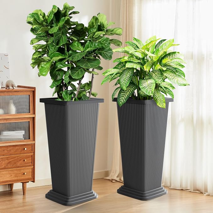 TUYOHW Set of 2 Tall Planters, 24" Large Indoor Outdoor Flower Pots with Tray, Modern Tapered Planters for Porch, Patio, Garden, Backyard