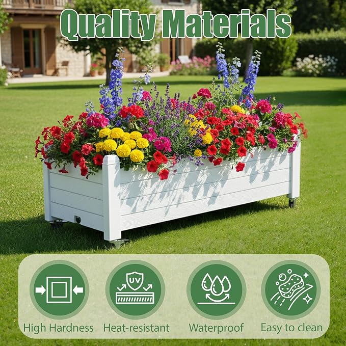 Raised Garden Bed with Wheels, Resin Planter Box with Drain Hole and Water Level Detector, Herb Planter for Garden Patio Backyard, Ashen(13.3" H)