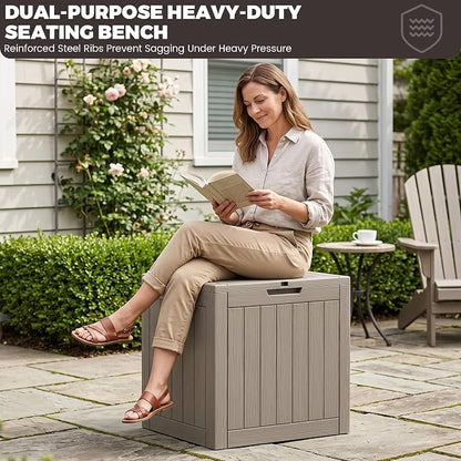 Outdoor Storage Box, 35 Gallon Waterproof Deck Box [Upgraded 3.1], Tool-Free Resin Storage for Patio Cushions, Balcony Pool Toys, Lockable Outside Side Table Ottoman, Balcony, Grey