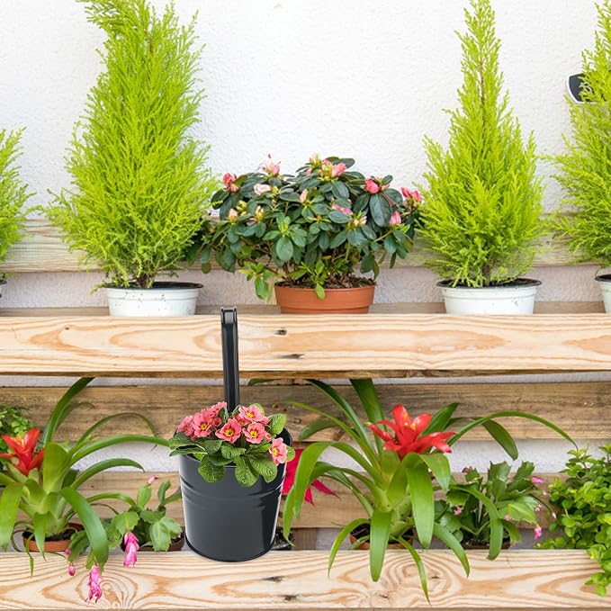 KINGLAKE Flower Pots,10 Pcs Metal Iron Hanging Flower Plant Pots Balcony Garden Plant Planter Baskets Fence Bucket Pot 4'' Flower Holders with Detachable Hook Black