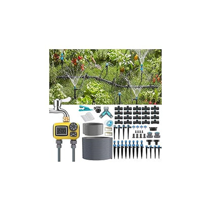 150FT Drip Irrigation System Kit with 2 Zone Water Timer for Garden,High-Flow Mainline Automatic Watering System,16PCS Adjustable Nozzles,Fast-Plug Tube for Agricultural Yard,Lawn,Greenhouse