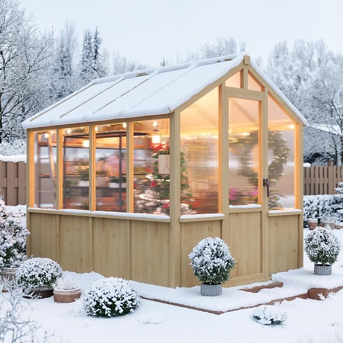 Garvee 6x8 FT Wooden Greenhouse - Walk-in Greenhouses for Outdoors, Large Spruce Frame Green House with PC Panels, Adjustable Roof Vents & Lockable Door, Green Houses for Garden,Backyard,Patio,Lawn