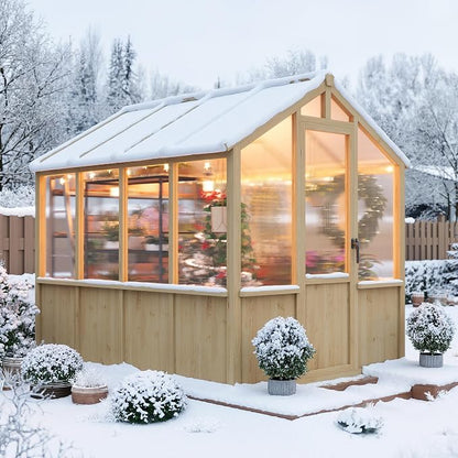 Garvee 6x8 FT Wooden Greenhouse - Walk-in Greenhouses for Outdoors, Large Spruce Frame Green House with PC Panels, Adjustable Roof Vents & Lockable Door, Green Houses for Garden,Backyard,Patio,Lawn