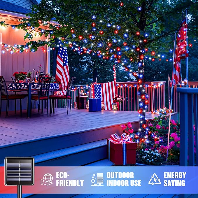 JMEXSUSS 2 Pack Solar String Lights, Red White and Blue, Total 200LED 66ft | Patriot Solar Lights Outdoor Waterproof, 8 Modes 4th of July Lights for Independence Day Patio Yard Tree Decorations
