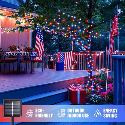 JMEXSUSS 2 Pack Solar String Lights, Red White and Blue, Total 200LED 66ft | Patriot Solar Lights Outdoor Waterproof, 8 Modes 4th of July Lights for Independence Day Patio Yard Tree Decorations
