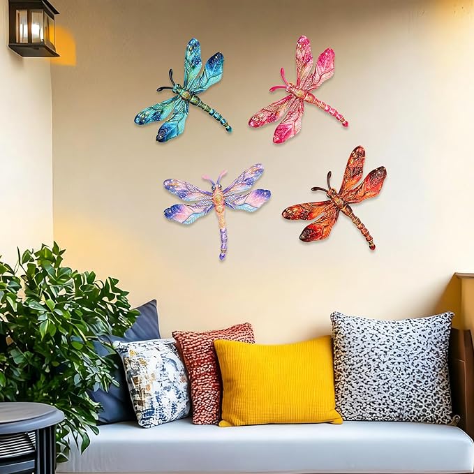 SUNREEK Metal Dragonfly Wall Decor - 9.6" Outdoor Fence Wall Art, Hanging Decorations for Garden Yard Patio Room Decorations, 4 Pack (Color-2)
