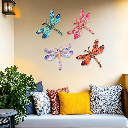 SUNREEK Metal Dragonfly Wall Decor - 9.6" Outdoor Fence Wall Art, Hanging Decorations for Garden Yard Patio Room Decorations, 4 Pack (Color-2)