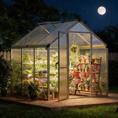 6x6 FT Outdoor Greenhouses, Accessible Greenhouses with Roof Vents and Sliding Doors, Aluminum Frame Polycarbonate Material, Large Greenhouse for Outdoor Gardens and Backyards