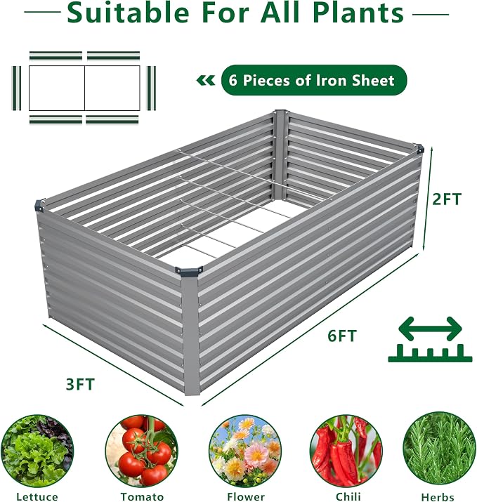 DIIYIV Galvanized Raised Garden Bed Kit Outdoor Patio,6x3x2ft Large Rectangular Metal Planter Boxes,Deep Root Box Planter for Gardening,Vegetables,Flowers,Herbs-Silver
