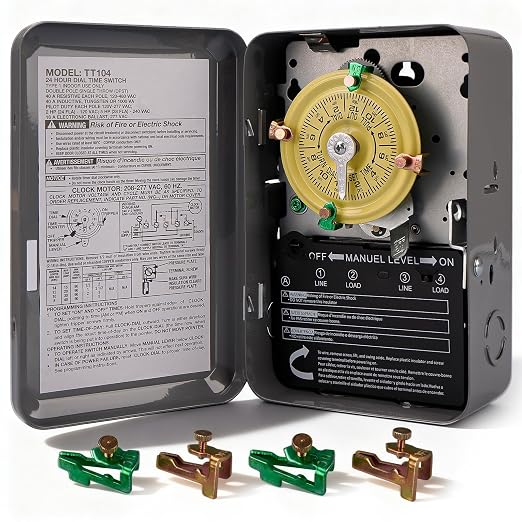 T104 Mechanical Timer Switch Replacement, 24-Hour Pool Timers for Pump | 208-277V AC DPST 40A, 24-hour 12 ON/Off timers for Pump Lights HVAC Systems