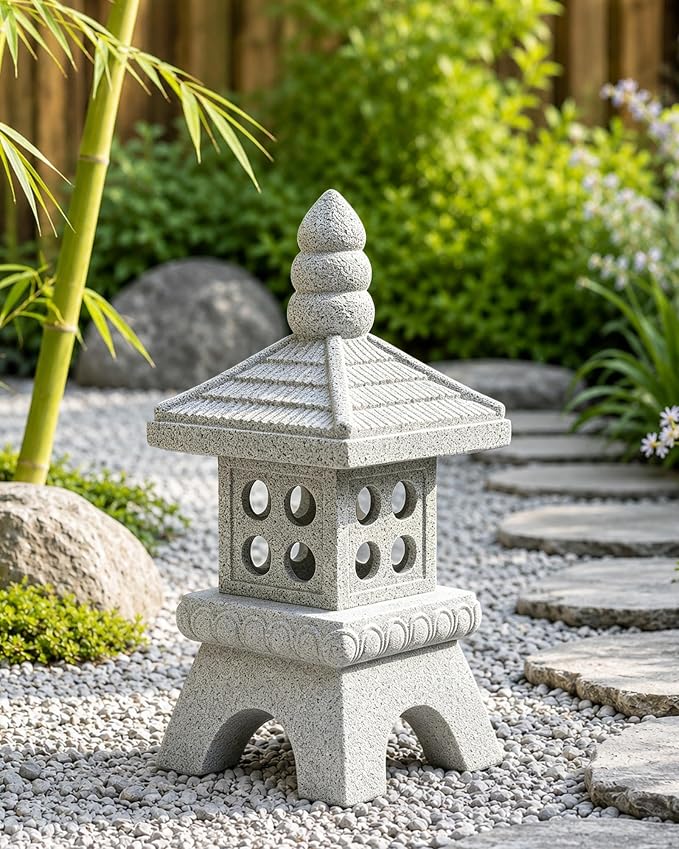 Nacome Solar Pagoda Garden Statues:15.7 inches Outdoor Weatherproof Resin Zen Decor for Landscape Balcony Patio Porch Yard Ornament(Gray)