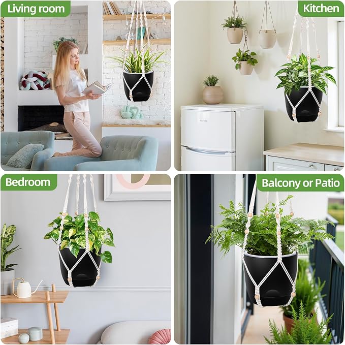 QCQHDU 2-Pack 5.7-Inch Macrame Self-Watering Hanging Planters, Pure Black | Small Plant Pots, Indoor & Outdoor, With Drainage, Two Sets of Hooks