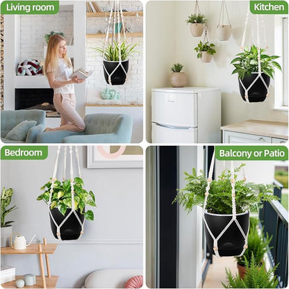 QCQHDU 2-Pack 5.7-Inch Macrame Self-Watering Hanging Planters, Pure Black | Small Plant Pots, Indoor & Outdoor, With Drainage, Two Sets of Hooks