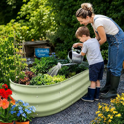 Galvanized Raised Garden Bed Outdoor, 6x3x1FT Metal Heavy Duty Planter Boxes for Gardening, Easy Assemble Bottomless Big Oval Plant Container Kit for Vegetable, Flower, Fruit, Tomatoes, Green