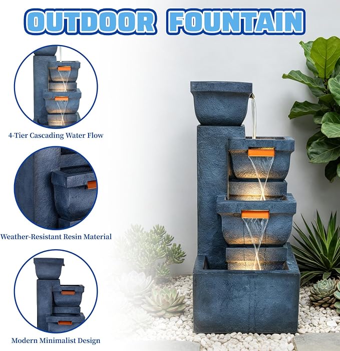 Large Outdoor Fountains, 4-Tier Garden Fountain with LED Lights, Cascading Waterfall Floor Standing Water Feature for Patio Yard Backyard