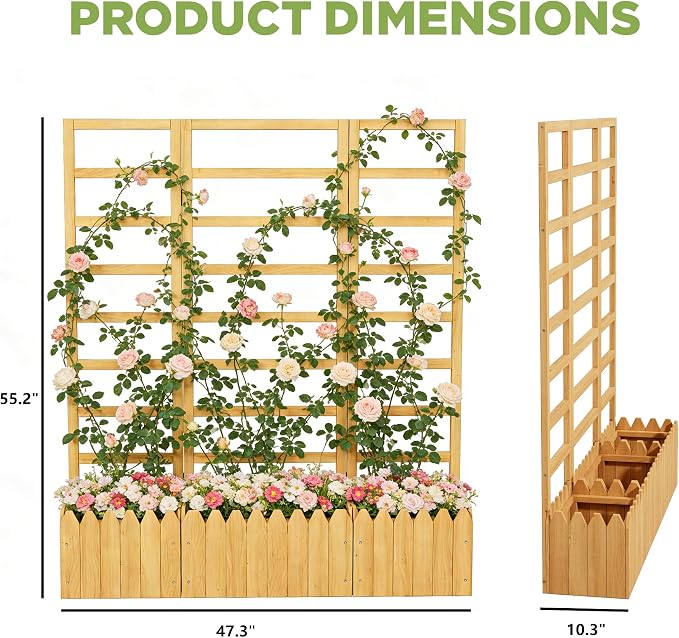 Outdoor Privacy Screen with Planter Box, 3-Panel Folding Wooden Trellis Planter, Freestanding Raised Bed for Climbing Plants, Solid Wood Divider with Drain Holes for Patio, Balcony & Backyard