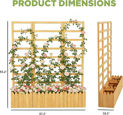 Outdoor Privacy Screen with Planter Box, 3-Panel Folding Wooden Trellis Planter, Freestanding Raised Bed for Climbing Plants, Solid Wood Divider with Drain Holes for Patio, Balcony & Backyard