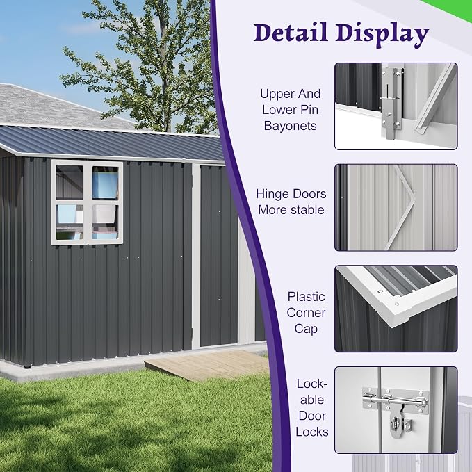 PVWIIK 10x8 FT Large Outdoor Metal Storage Shed, Heavy Duty Waterproof Steel Garden Tool Shed with Lockable Doors, Utility Storage Building for Backyard Patio Lawn Garden, Dark Gray