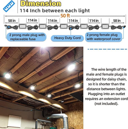 Owleye 50FT Led String Work Light 85W 8000LM Waterproof Construction String Lights Linkable Temporary Work Lighting Outdoor Indoor Worklight (5 Light Heads)-2 Pack