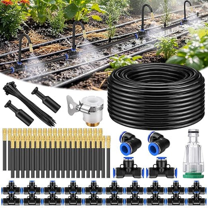 SiliFine 150 Pcs 98 ft 3/8" Greenhouse Drip Irrigation Kit with 40 Brass 360° Adjustable Nozzles and Faucet Adapter Install Adapters for Plants Lawns Gardens