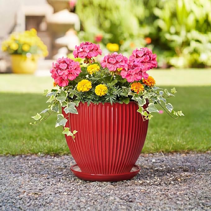 10 Inch Plant Pot, Ceramic Planters for Indoor Plants, Decorative Plant Pots with Drainage Hole and Saucer, Modern Round Large Planter, Office Apartment Decor, House Warming Gifts, Red