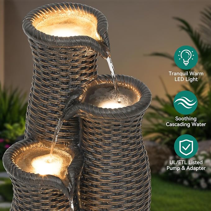 33" H Outdoor Water Fountain with LED Lights, Faux Rattan Vase Water Feature with 5-Tier Cascading Waterfall, Durable Polyresin Decor for Tranquil Oasis in Garden, Patio, Yard