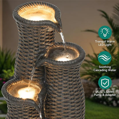 33" H Outdoor Water Fountain with LED Lights, Faux Rattan Vase Water Feature with 5-Tier Cascading Waterfall, Durable Polyresin Decor for Tranquil Oasis in Garden, Patio, Yard