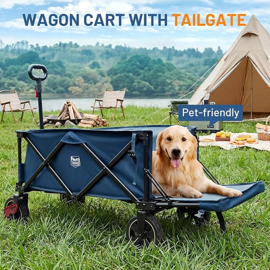 Timber Ridge 49" Extra Long Collapsible Folding Wagon with Tailgate and Brakes, 300lbs Heavy Duty Foldable Wagon with Adjustable Handle, 250L Capacity Portable Cart for Outdoor Camping Sports, Blue