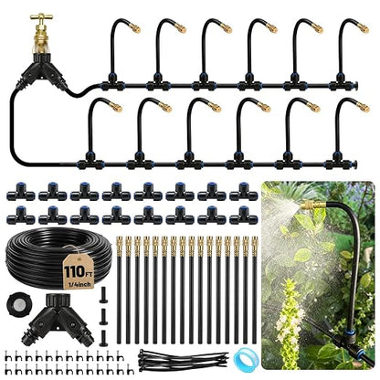 Riboud 110Ft Drip Irrigation System, 2026-Upgrade Garden Watering Kit with 16 Adjustable Copper Rotating Arm Nozzles, 360° Flexible Spray Irrigation Kit for Raised Beds, Lawn, Greenhouse