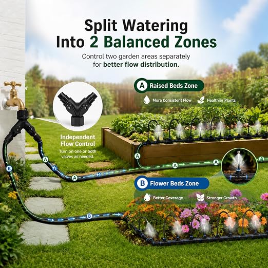 5/16" Drip Irrigation System 100 ft with 20-Pcs 360° Adjustable Copper Nozzles, Automatic Misting Watering System for Garden, Raised Beds, Greenhouse (100ft+20 nozzles)