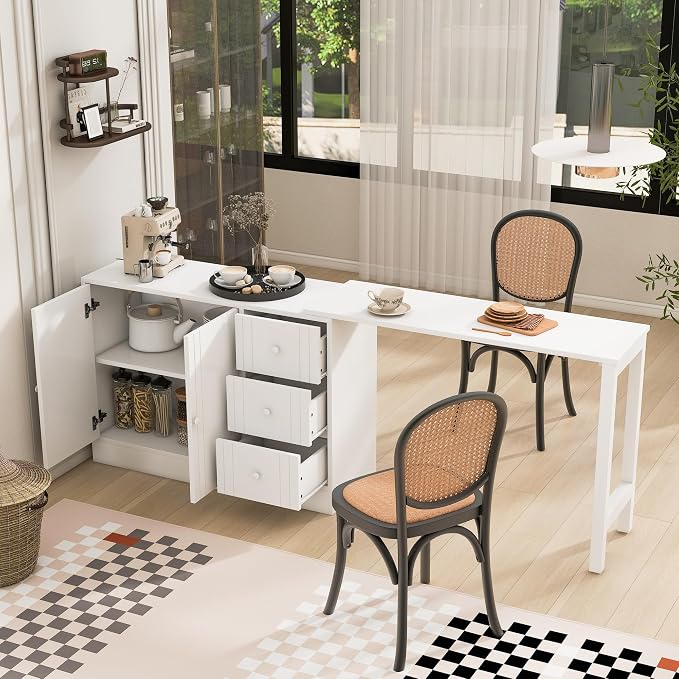 Merax Rustic Buffet Sideboard with Extendable Table, Wood Storage Cabinet with Adjustable Shelves, Multifunctional Coffee Bar for Living Room Kitchen Dining Room White