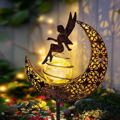 Fairy Garden Solar Lights Outdoor Decor, Moon Garden Stakes, Waterproof Outdoor Metal Decorations Gifts for Women and Mom, Art Moon Sculpture for Walkway, Yard, Patio, Garden and Porch, 1 Pack